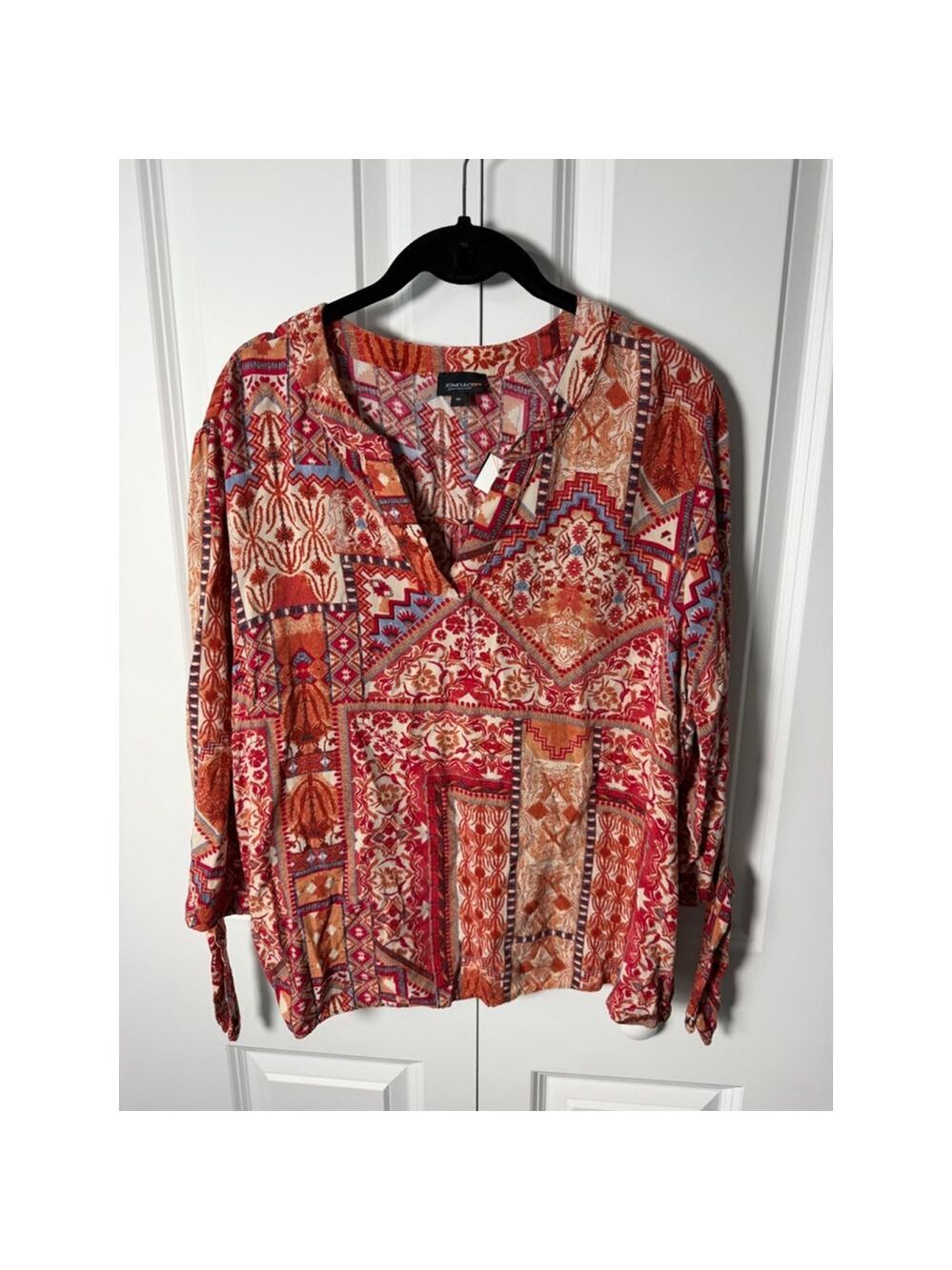 Jones New York Red Orange Patterned Blouse 1X EUC
